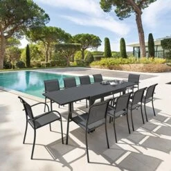 Ensemble Table De Jardin Extensible Piazza Graphite + 10 Fauteuils Piazza